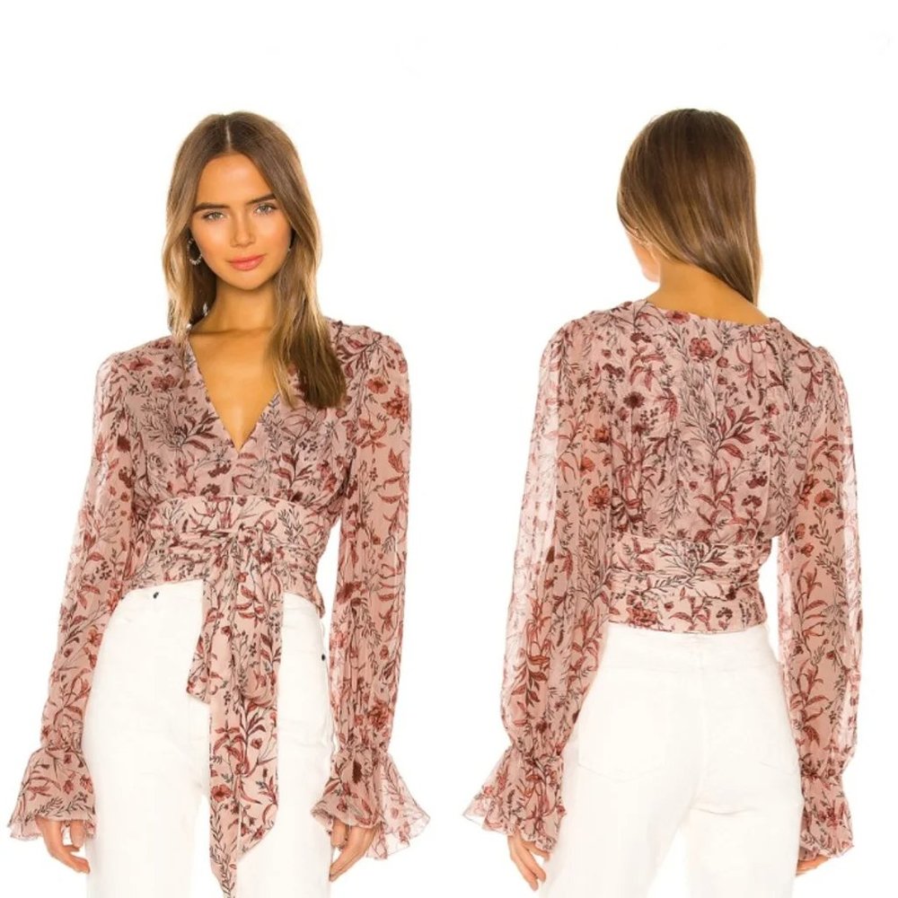 AMUR Helene Floral Silk Wrap Crop Top- SIZE Small